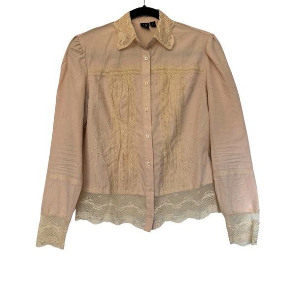 Milano Light Pink Lace Ruffle Button Down Shirt - Picture 1 of 4